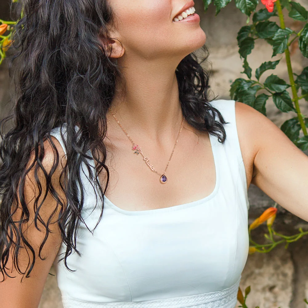 Personalized Necklace for Women with Stone Name and Birth Flower Birthday Gift - Gold