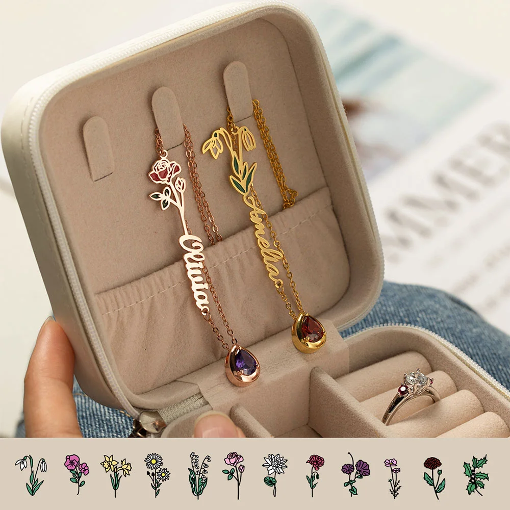 Personalized Necklace for Women with Stone Name and Birth Flower Birthday Gift - Gold