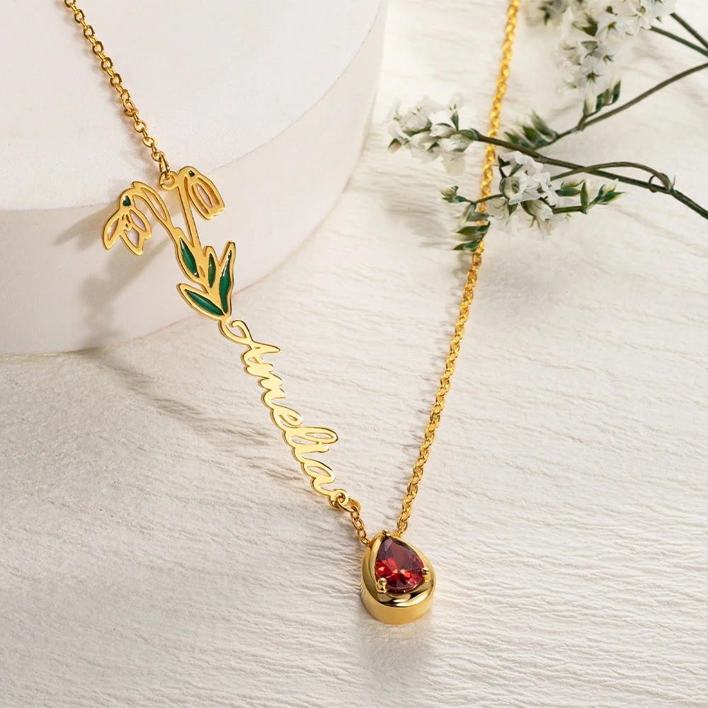 Personalized Necklace for Women with Stone Name and Birth Flower Birthday Gift - Gold