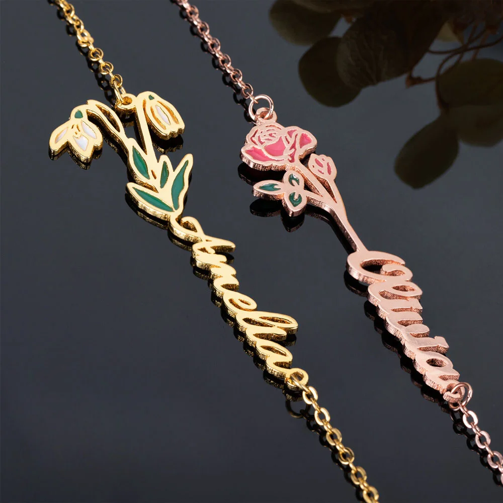 Personalized Necklace for Women with Stone Name and Birth Flower Birthday Gift - Gold