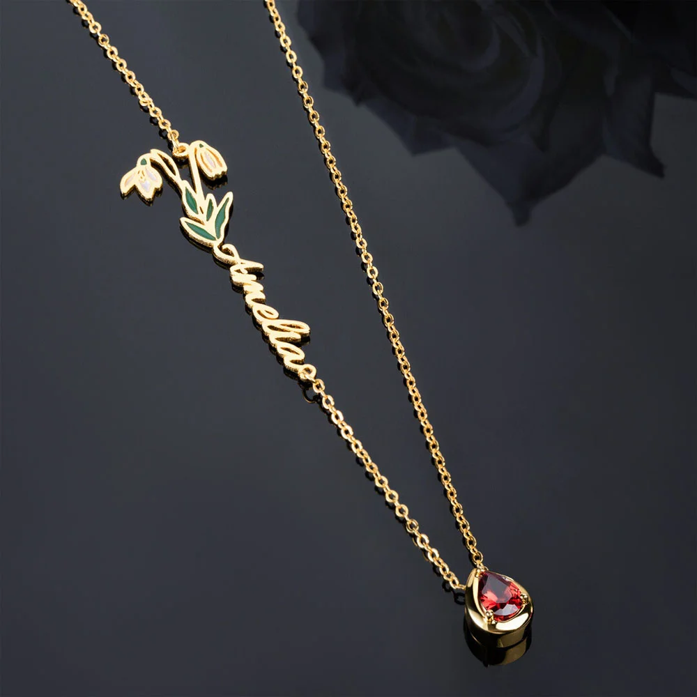 Personalized Necklace for Women with Stone Name and Birth Flower Birthday Gift - Gold