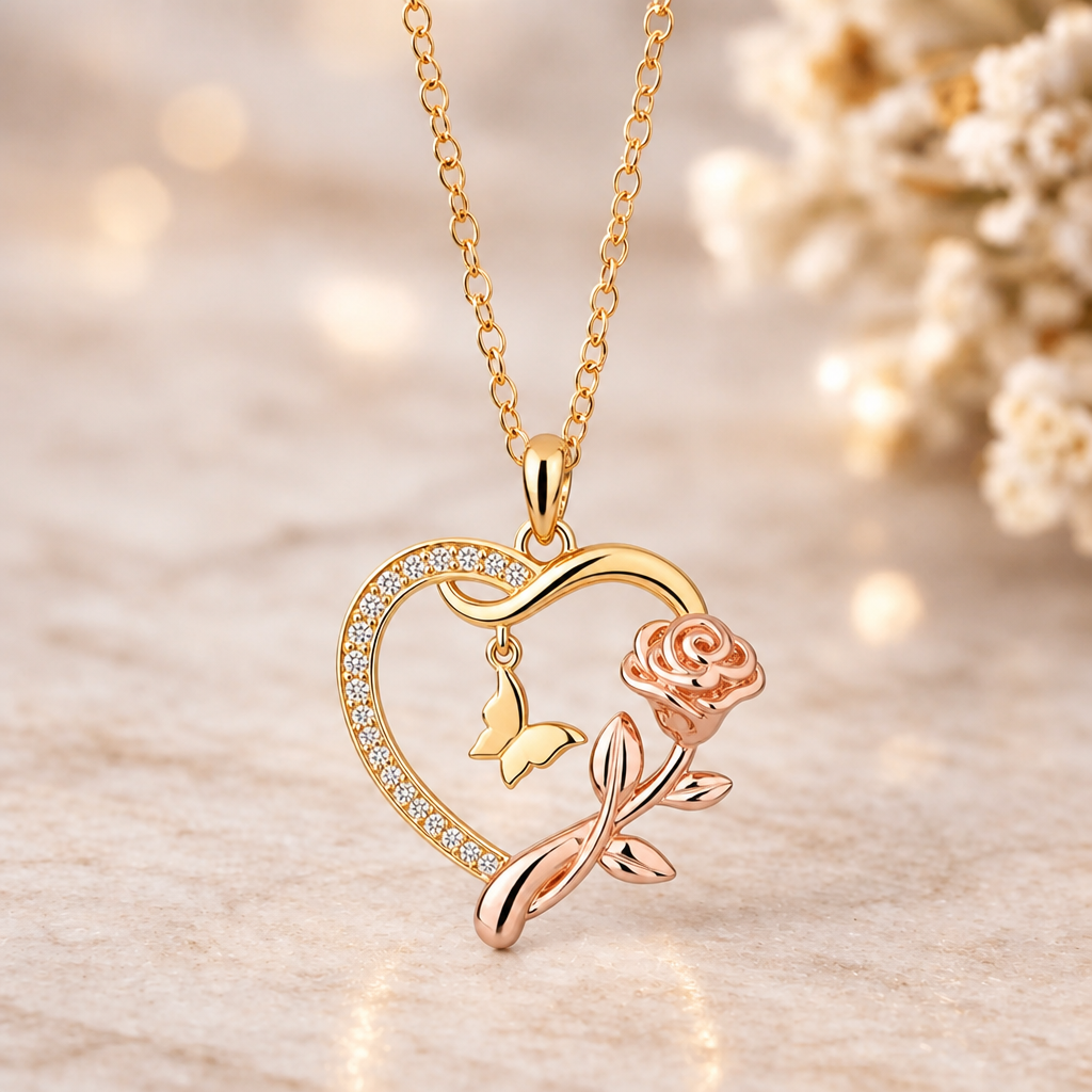 To My Wife - Heart & Rose Necklace